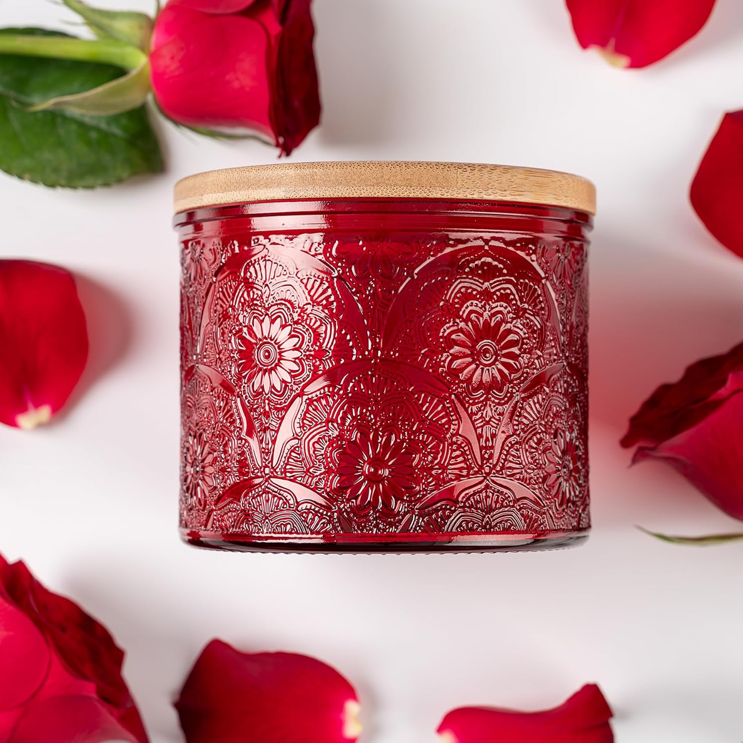 Art Secret 10 oz Embossed Glass Candle Jars with Bamboo Lids