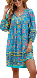 Bluetime Women Casual Summer Dress Boho V Neck 3/4 Sleeve - Flowy 3/21