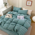 Green Gingham Grid Duvet Cover Full - Soft Washed Cotton Comfort