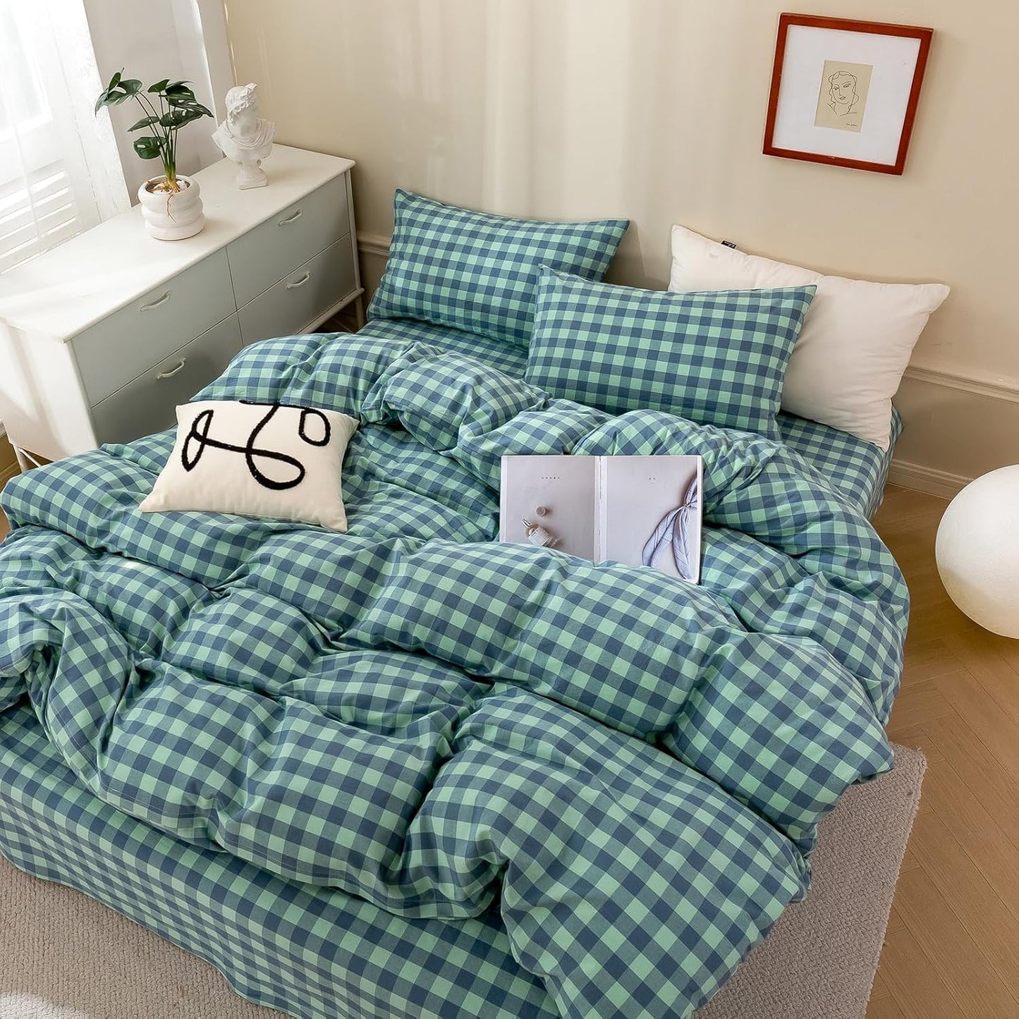 Green Gingham Grid Duvet Cover Set for Modern Bedroom Style