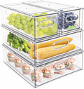 MineSign 4 Pack Stackable Refrigerator Organizer Bins - Clear Pull-Out