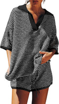 Womens Oversized Sweater Set 2 Piece V Neck Knit Shorts - Cozy Lounge