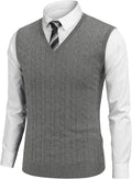 Men's V Neck Cable Knit Sweater Vest - Slim Fit Sleeveless Pullover