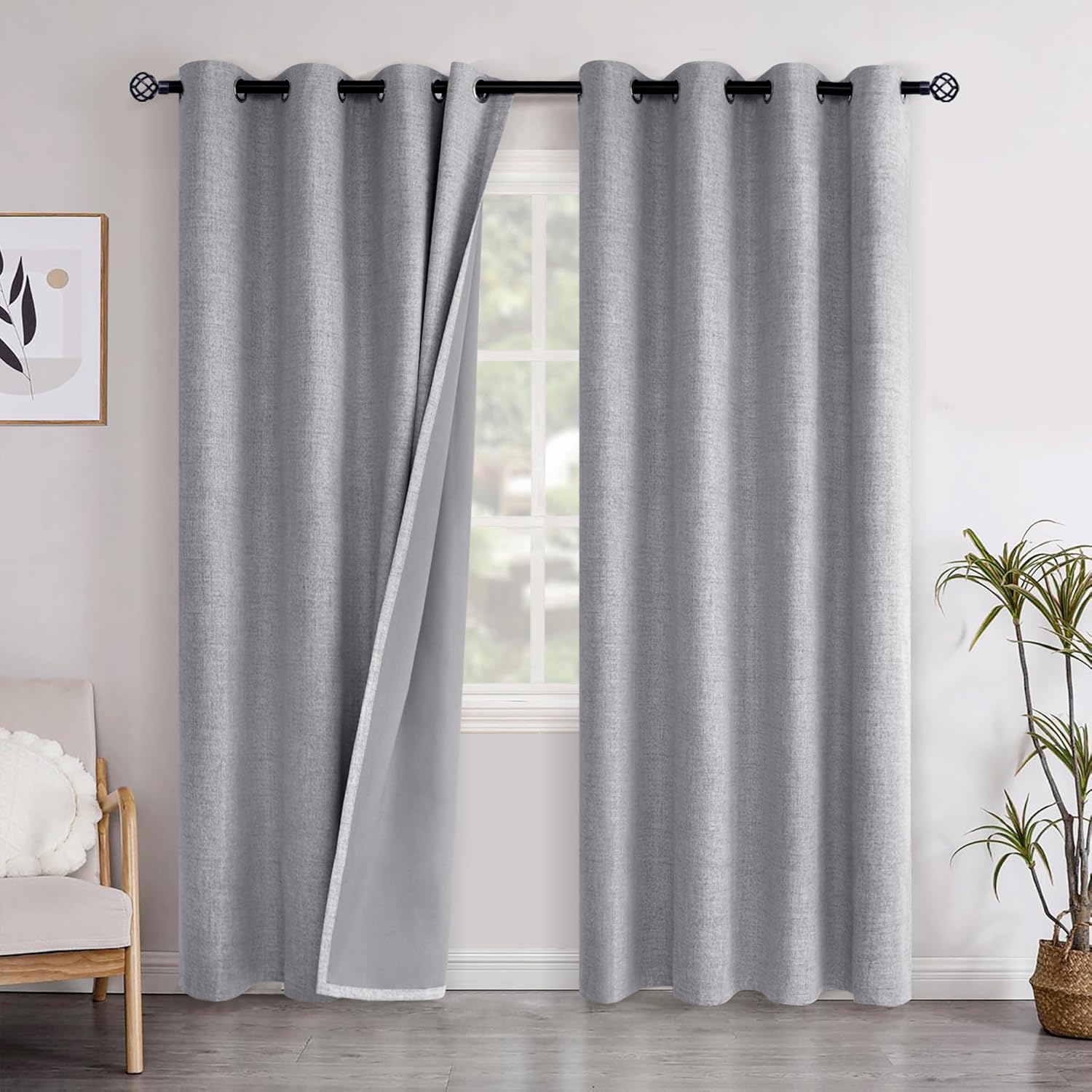 YoungsTex Grey Linen Blackout Curtains for Full Light Blocking
