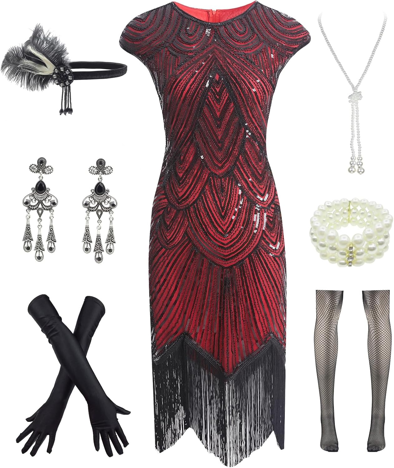 Vintage Lace Fringed Gatsby 1920s Cocktail Dress with Accessories