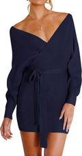 Women's Fall Batwing Sleeve Wrap V Neck Knitted Bodycon Dress - Belted