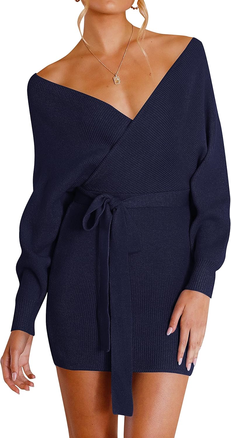 ZESICA Women's Fall Long Batwing Sleeve Wrap V Neck Dress