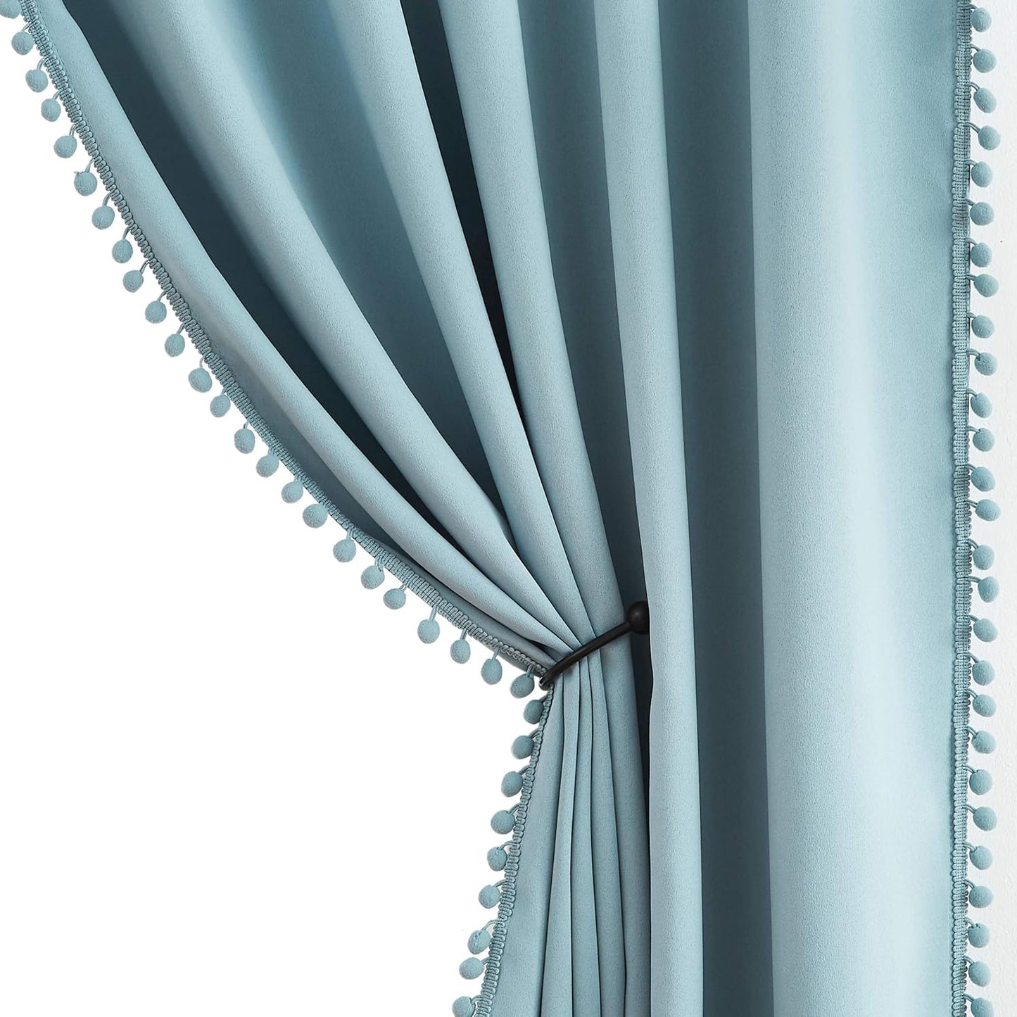 Blue Pom Pom Curtains for Living Room and Bedroom Decor