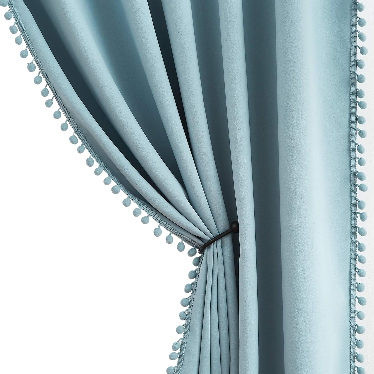 Blue Pom Pom Curtains for Living Room and Bedroom Decor