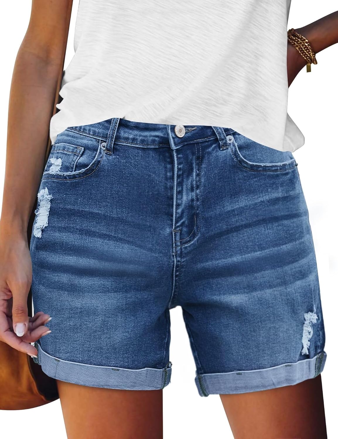 FEKOAFE Womens Casual Mid/High Waisted Ripped Denim Shorts