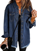 Vetinee Womens Oversized Denim Shacket - Relaxed Frayed Hem Jacket