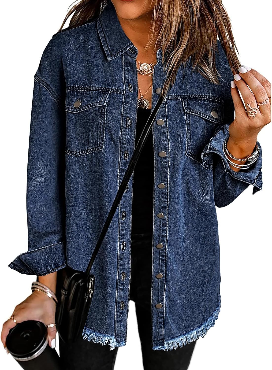 Oversized Button Up Frayed Hem Shacket for Women - Denim Jacket