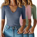 Riyiper Women's Half Sleeve Ribbed Cotton V Neck Top - Slim Fit