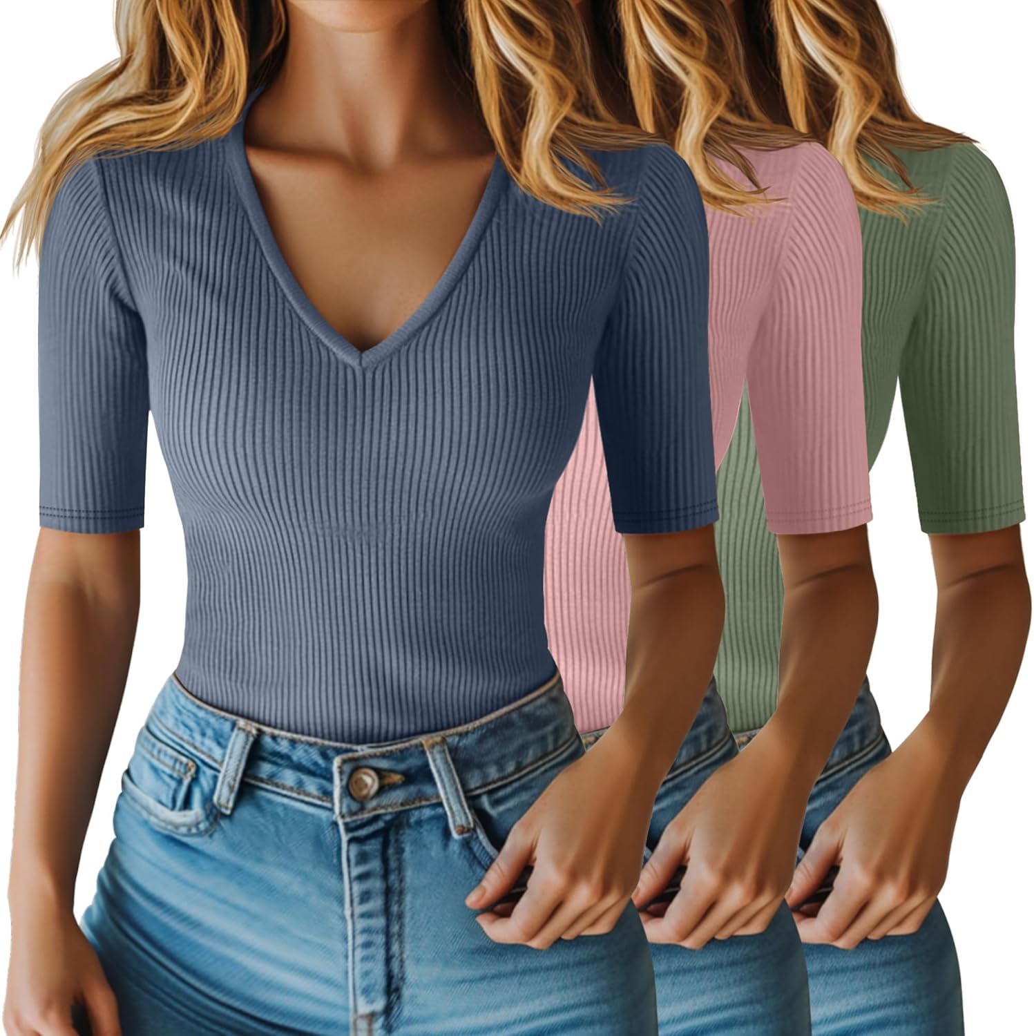 Riyiper Women's Half Sleeve Top V Neck Slim Fit Casual Blouse