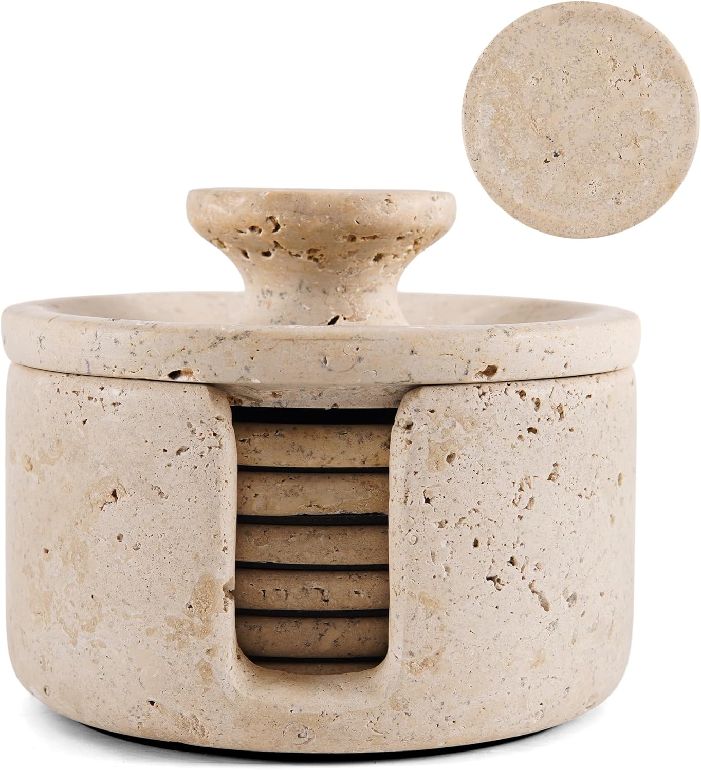 Travertine Marble Coasters Set of 6 with Holder for Drinks