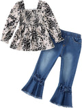 Toddler Girls Short Sleeve Shirt and Flare Denim Jeans Set - Cute Pant