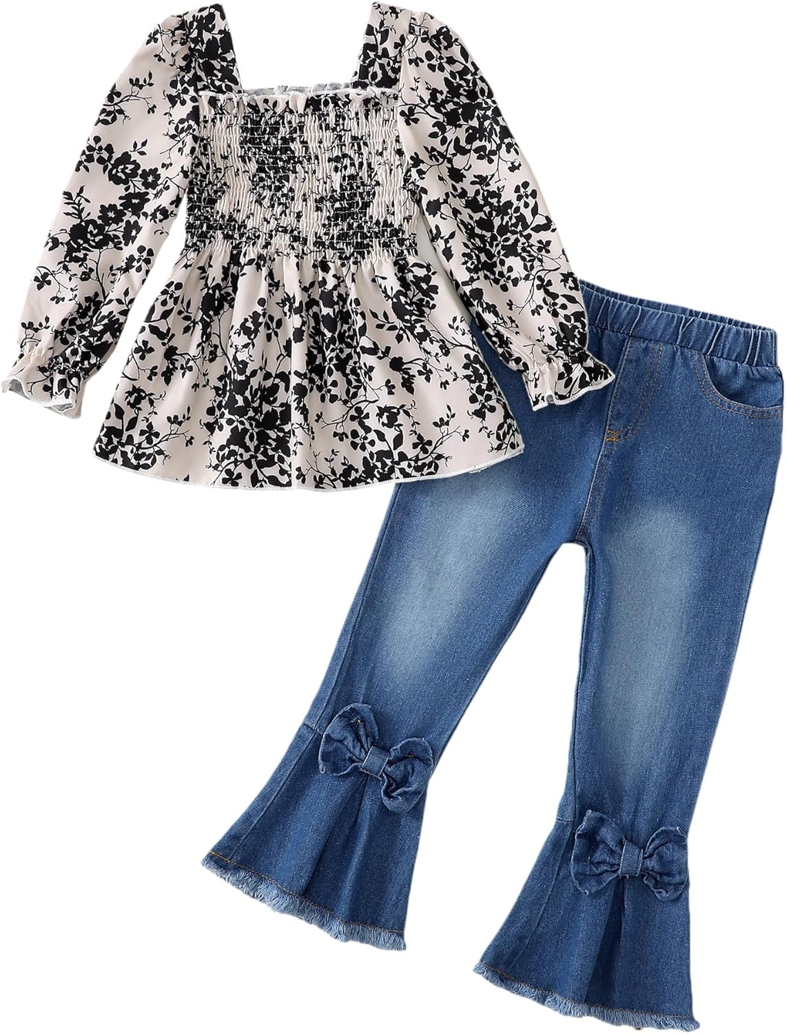Kucnuzki Toddler Girls Clothes Cute Flare Denim Jeans Outfit Set