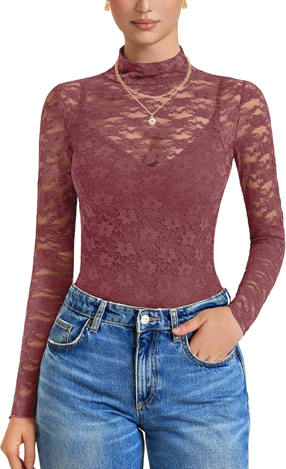 Avidlove Womens Long Sleeve Bodysuit Mock Neck Lace Tops