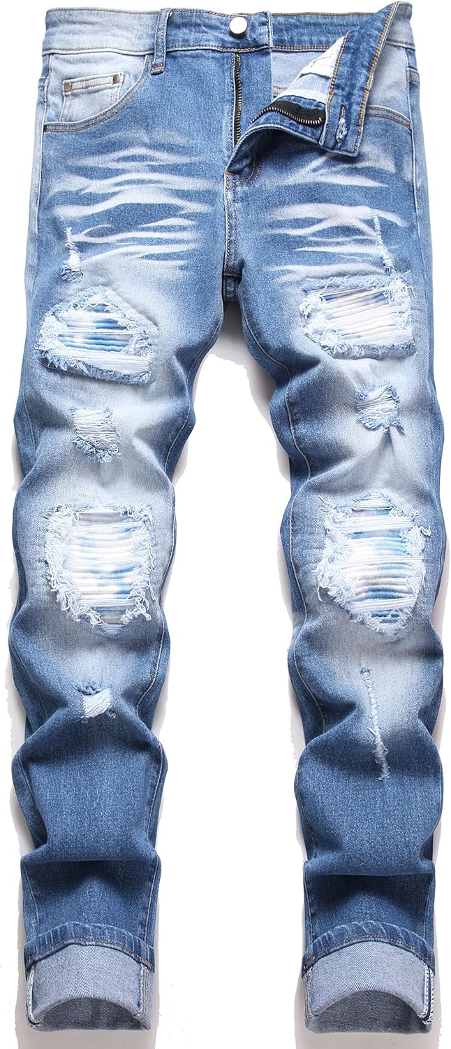 Men's Ripped Patch Elastic Jeans for Fashionable Slim Fit Style