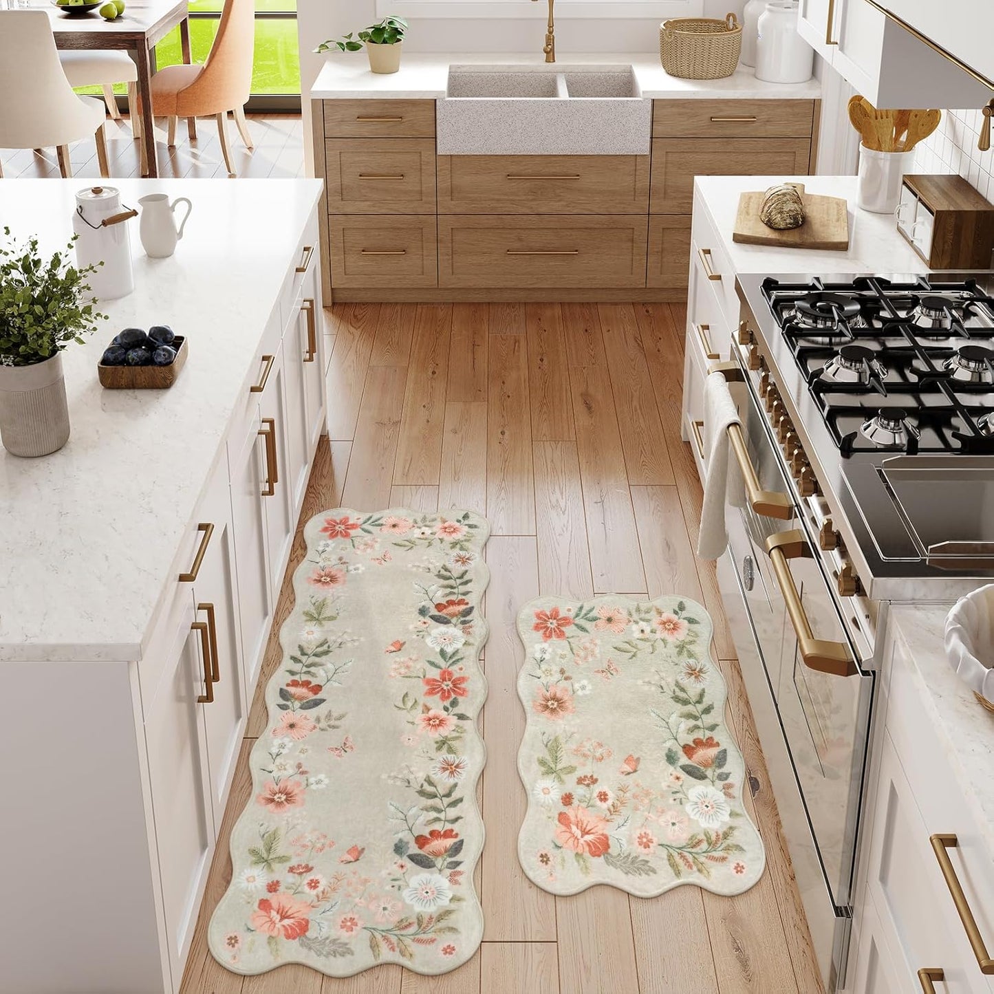LEEVAN Washable Kitchen Rugs Set of 2, Non Slip Floral Design