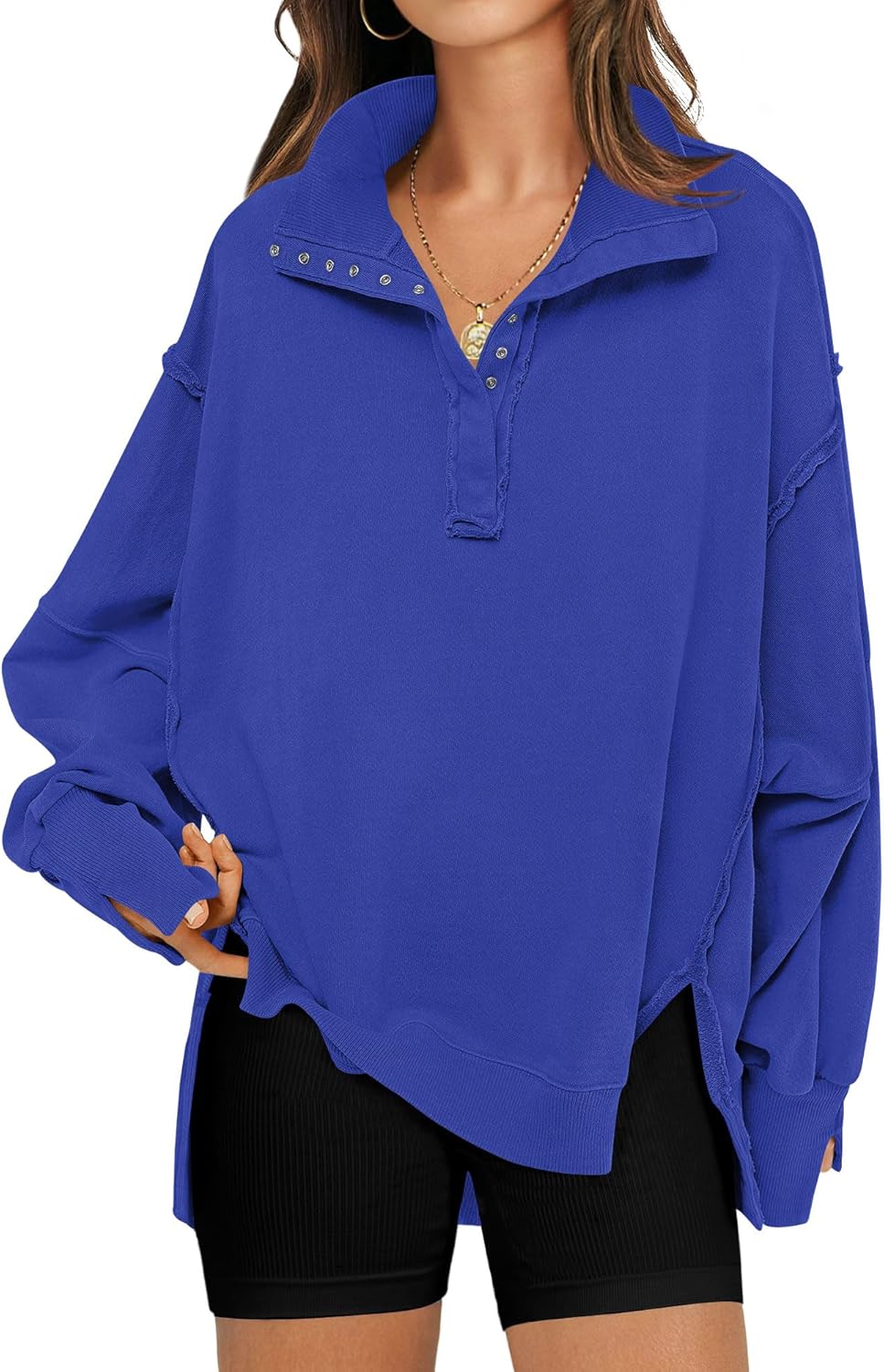 Oversized Sweatshirt for Women with Trendy Button Henley Neck