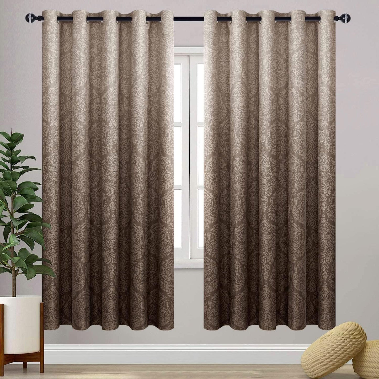 DWCN Brown Blackout Curtains - Elegant Damask Thermal Drapes