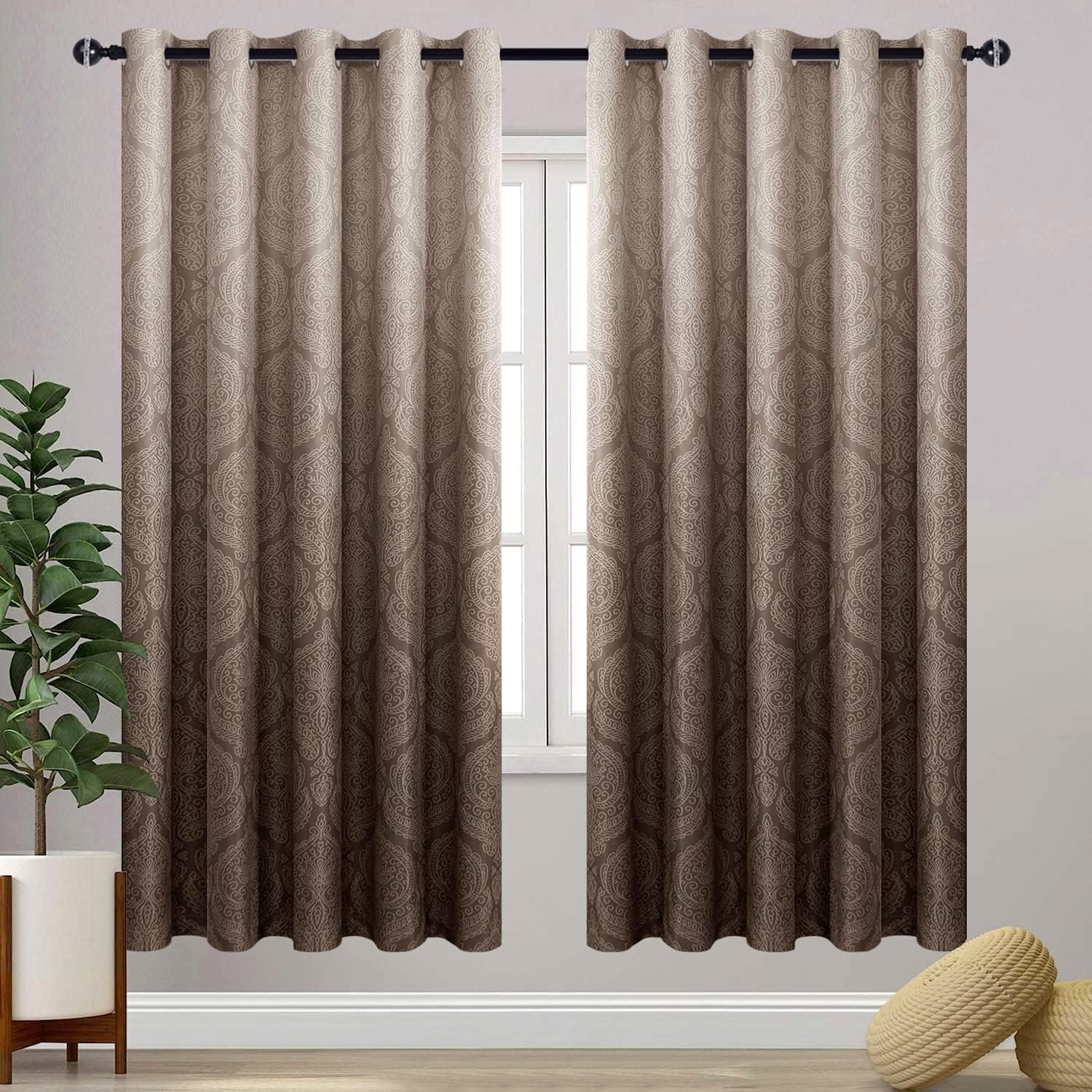DWCN Brown Blackout Curtains - Elegant Damask Thermal Drapes