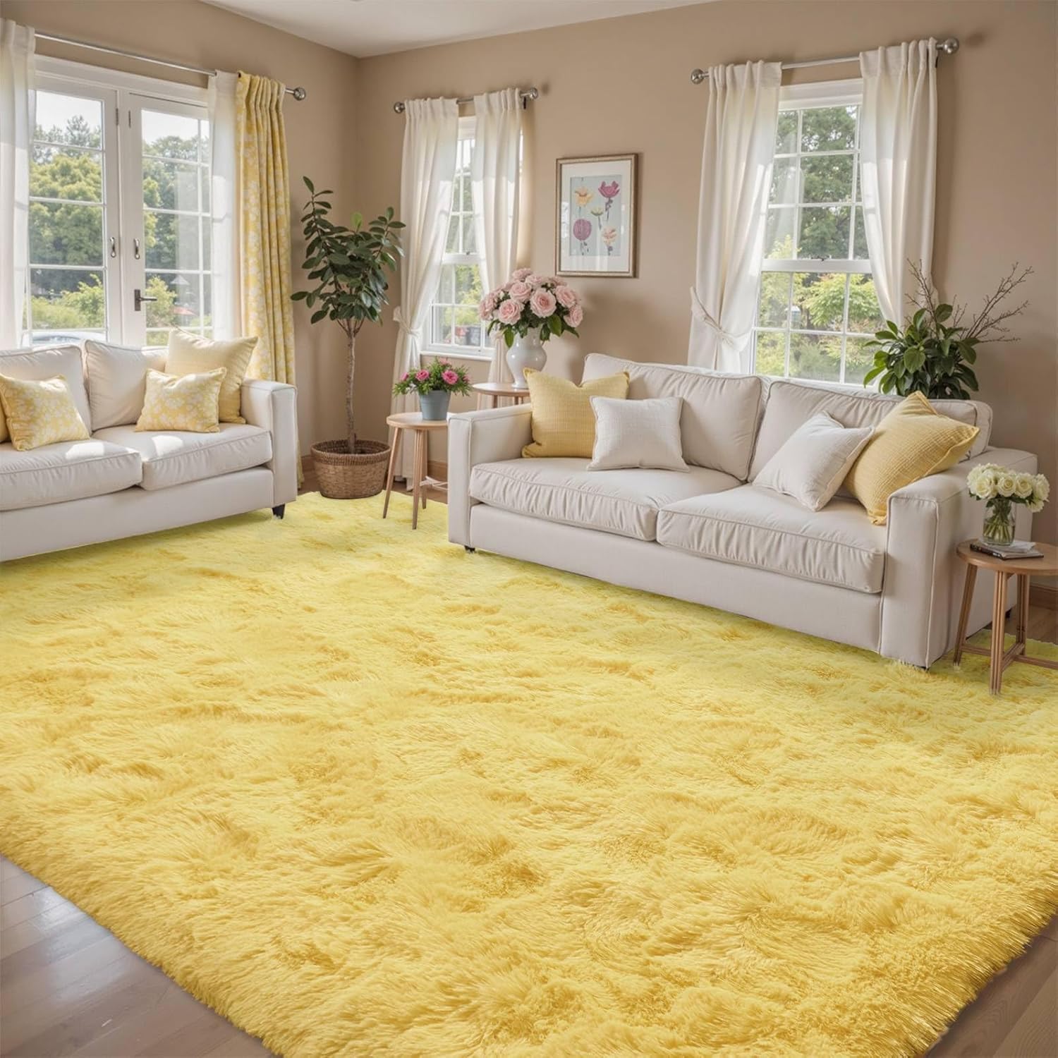 8x10 Area Rugs for Living Room Shag Fluffy Rug in Light Yellow