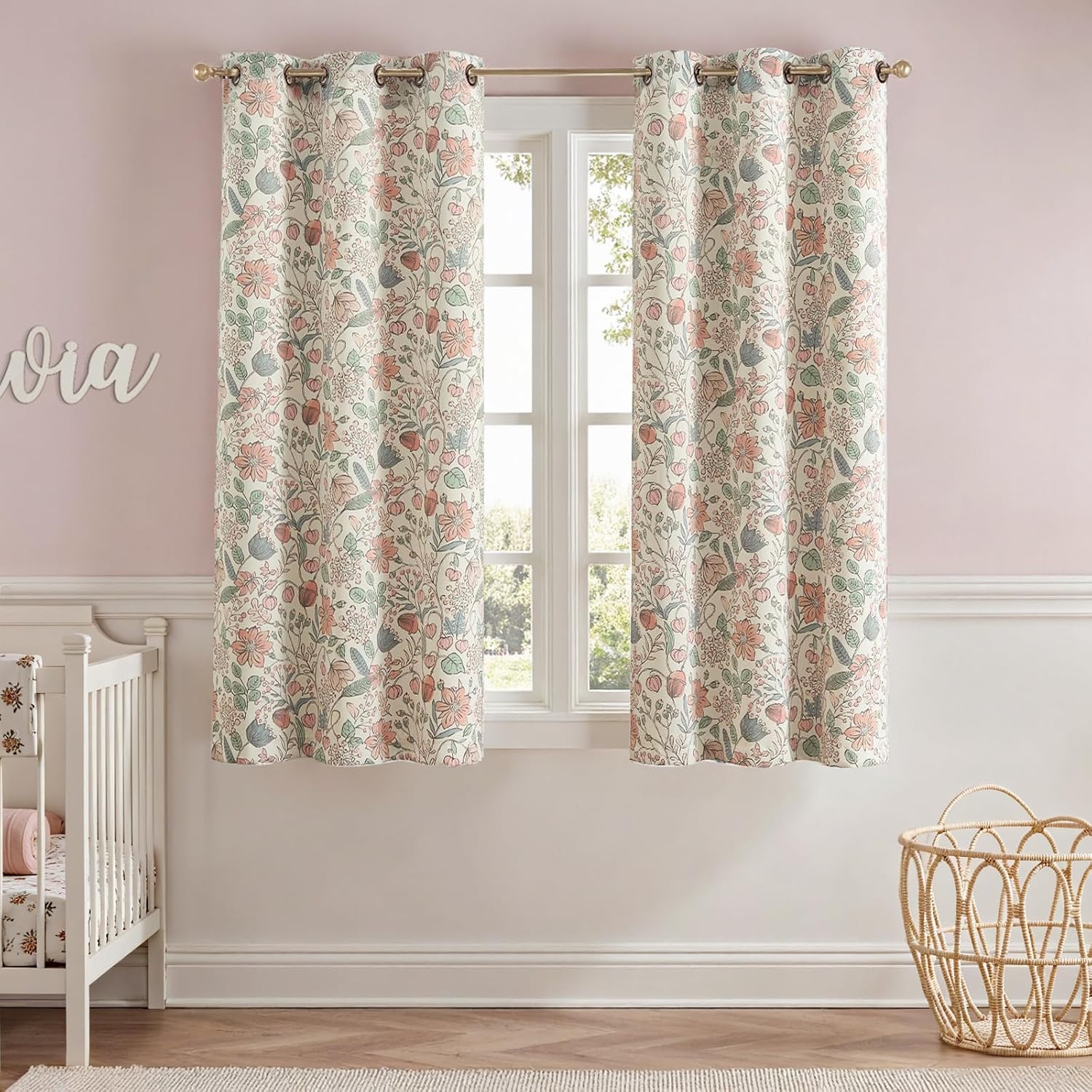 Floral Blackout Curtains for Girls Room - 63 Inch Long Drapes
