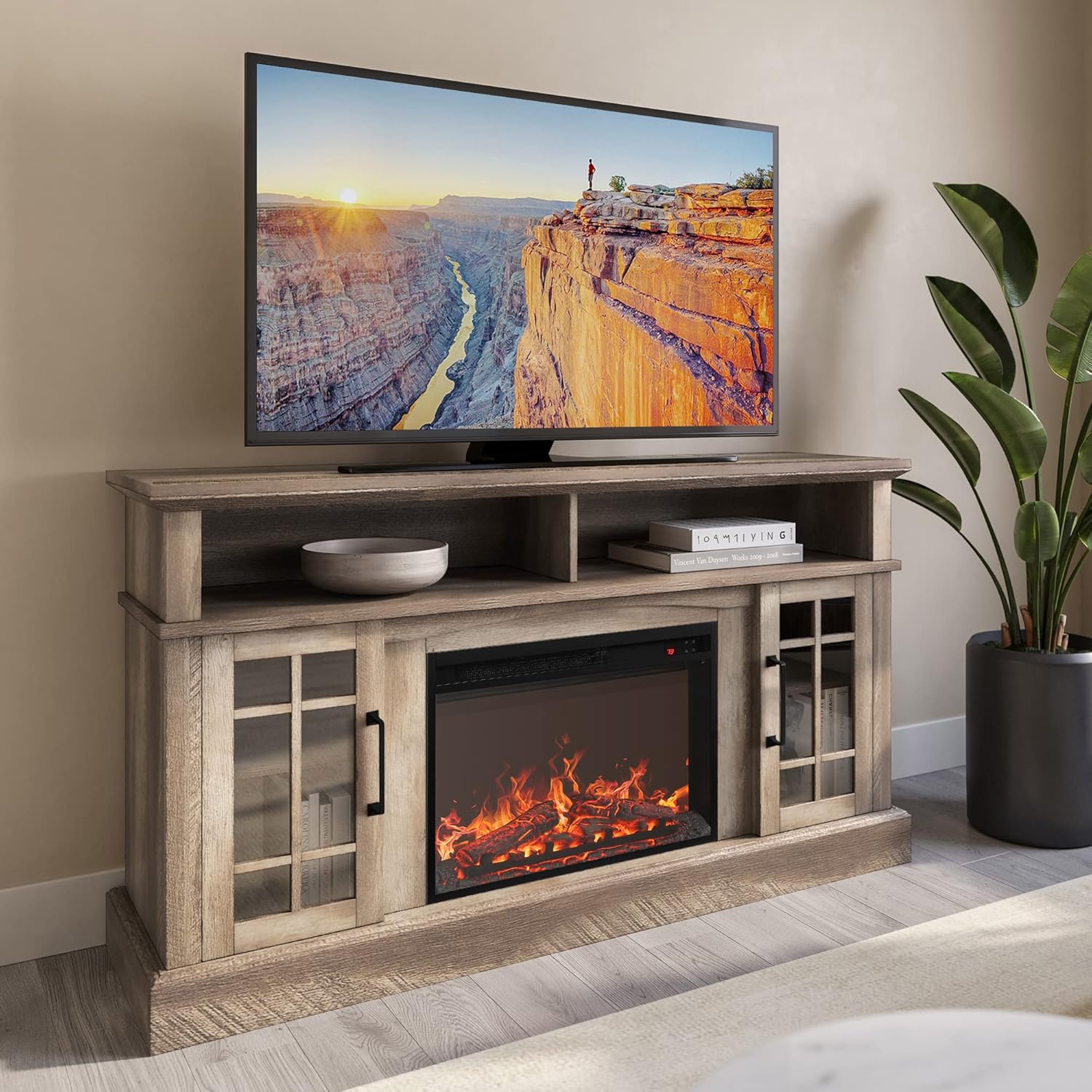 BELLEZE Traditional 58in Rustic TV Stand with Electric Fireplace