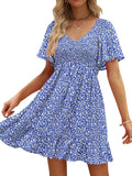 Womens Cute Floral Smocked V Neck Flutter Sleeve Sundress (Style H7HL)