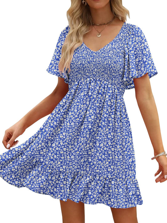 Womens Cute Floral Smocked V Neck Flutter Sleeve Sundress