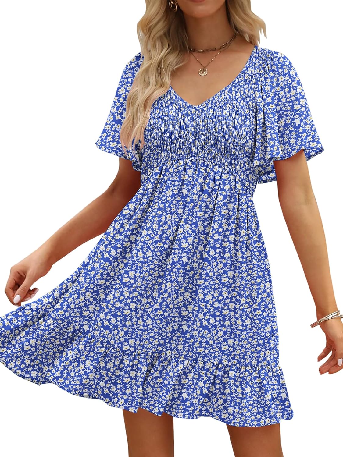Womens Cute Floral Smocked V Neck Flutter Sleeve Sundress