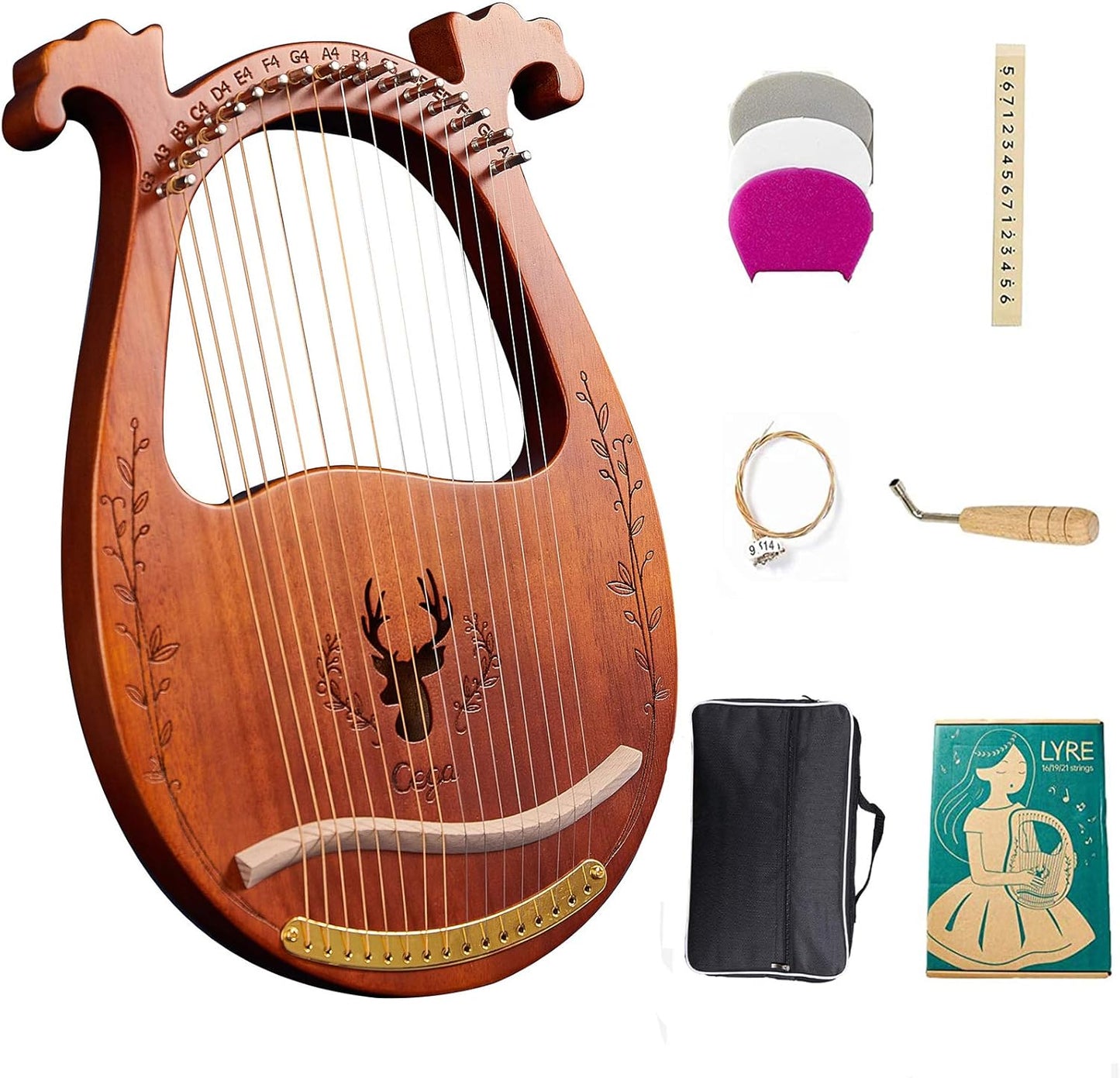 16-String Mahogany Lyre Harp with Accessories for Beginners