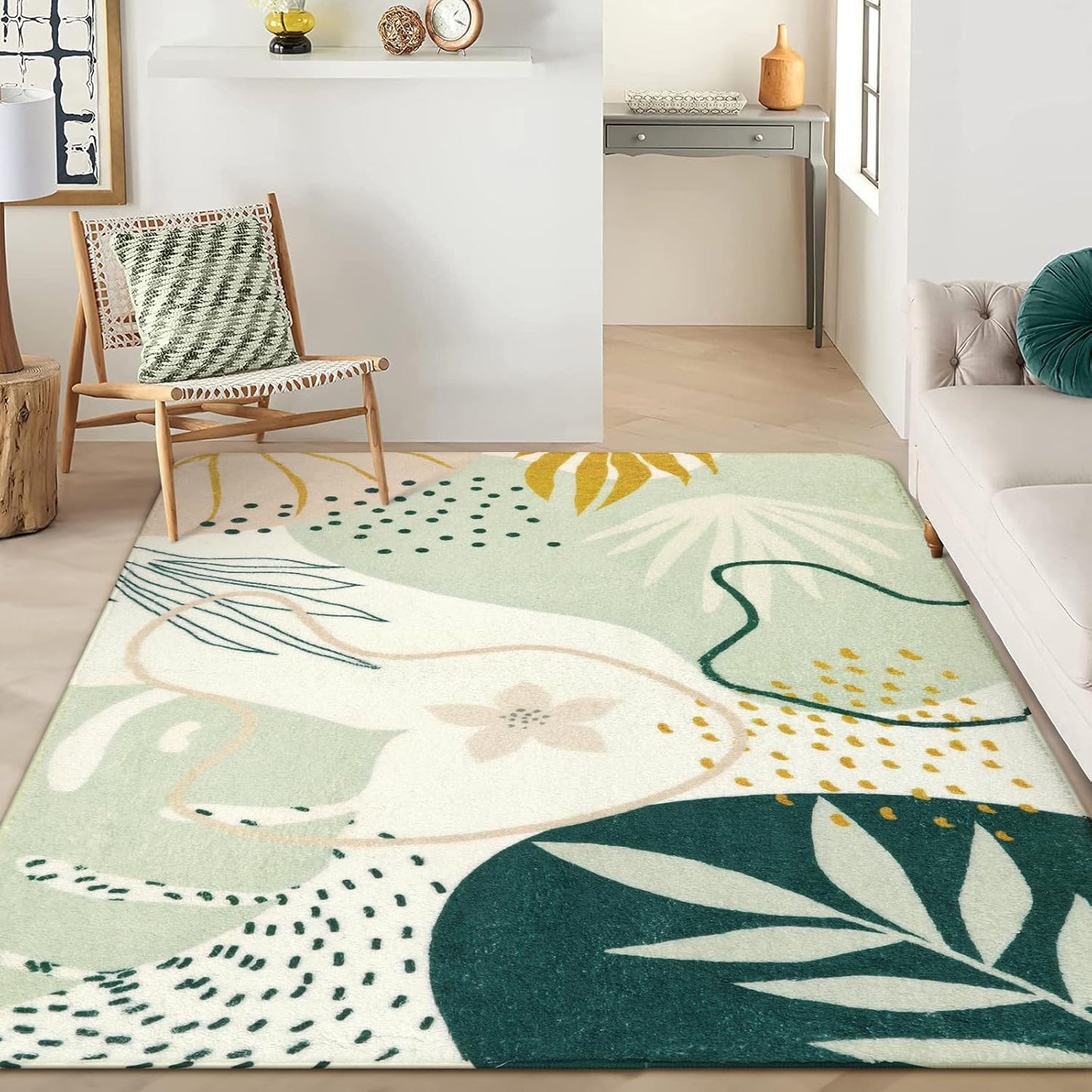 Lahome Green Machine Washable Large Rug - Soft Botanical Print