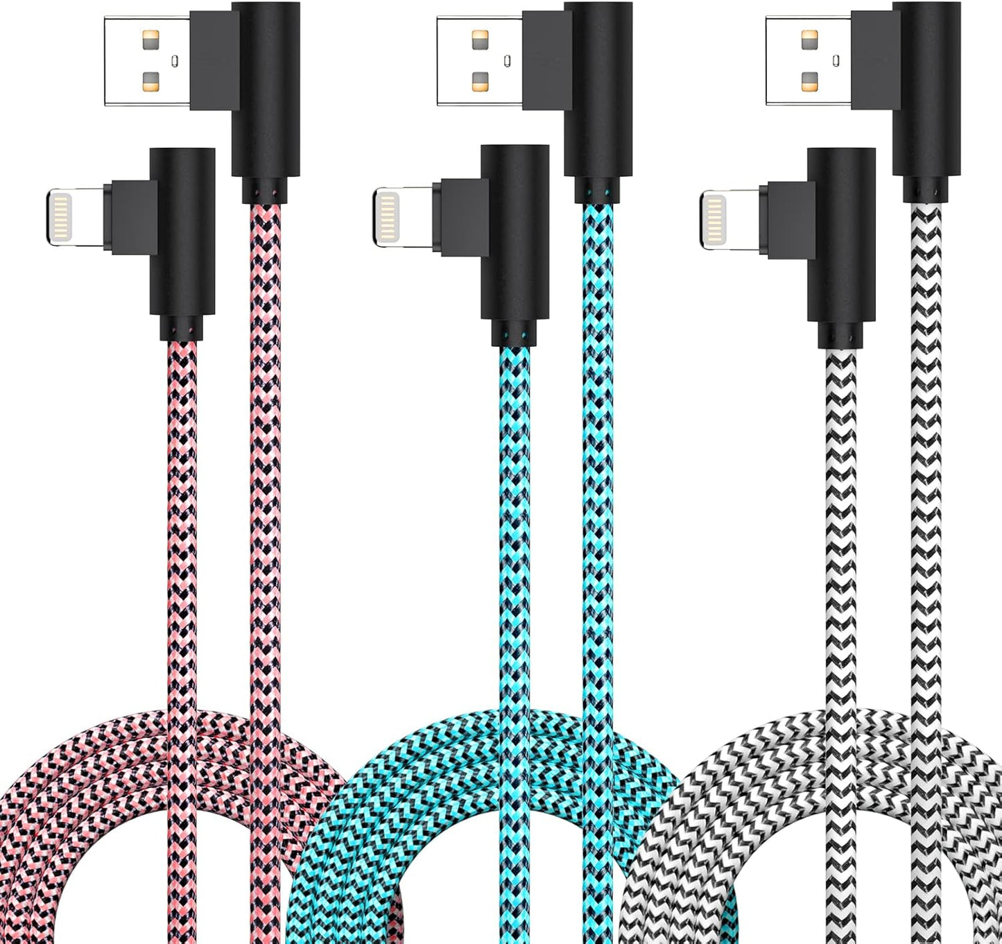 Fast Charge 3 Pack iPhone Charger - MFi Certified 6FT Right Angle Lightning Cable