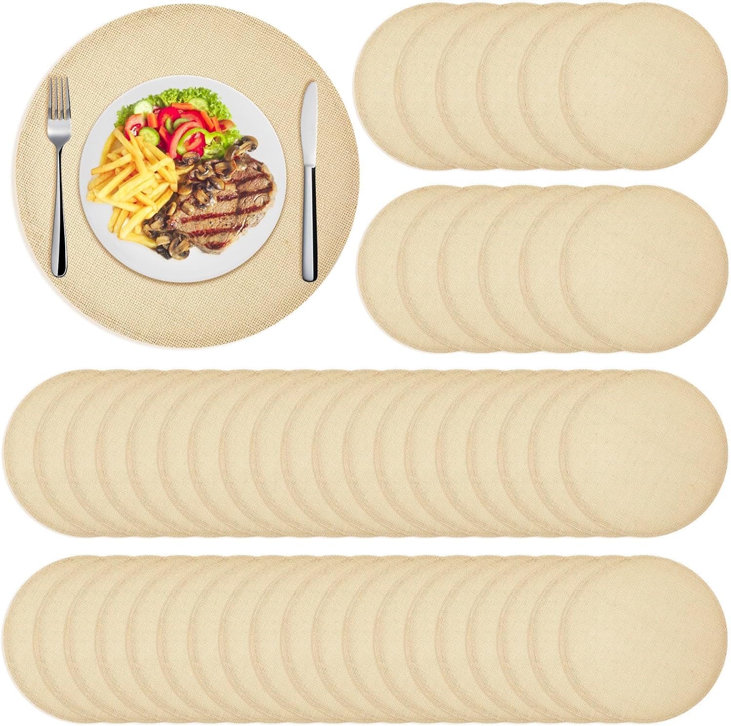 Yunlly Set of 48 Burlap Round Placemats for Rustic Decor