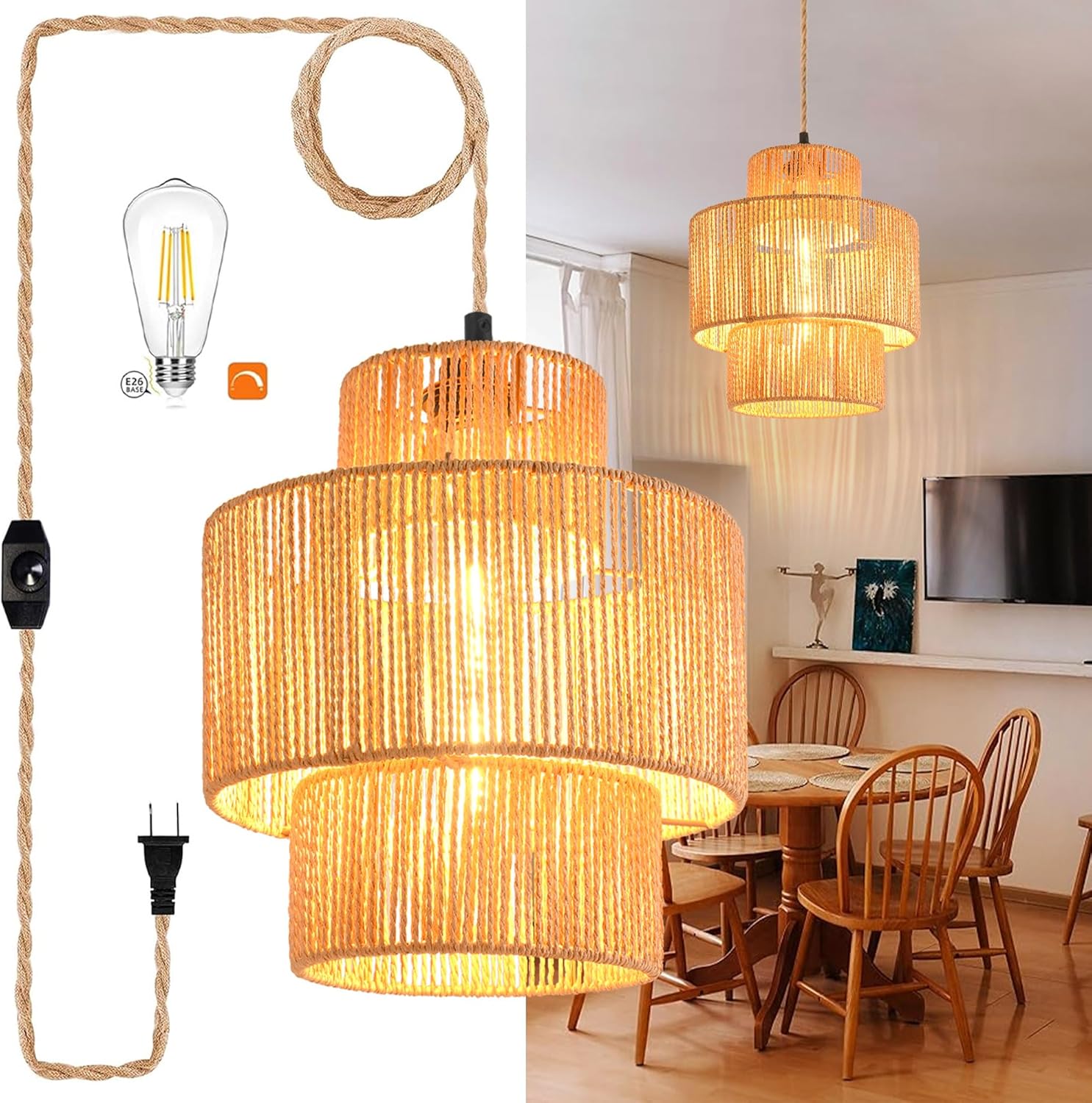 Rattan Plug in Pendant Light for Boho Style Home Decor