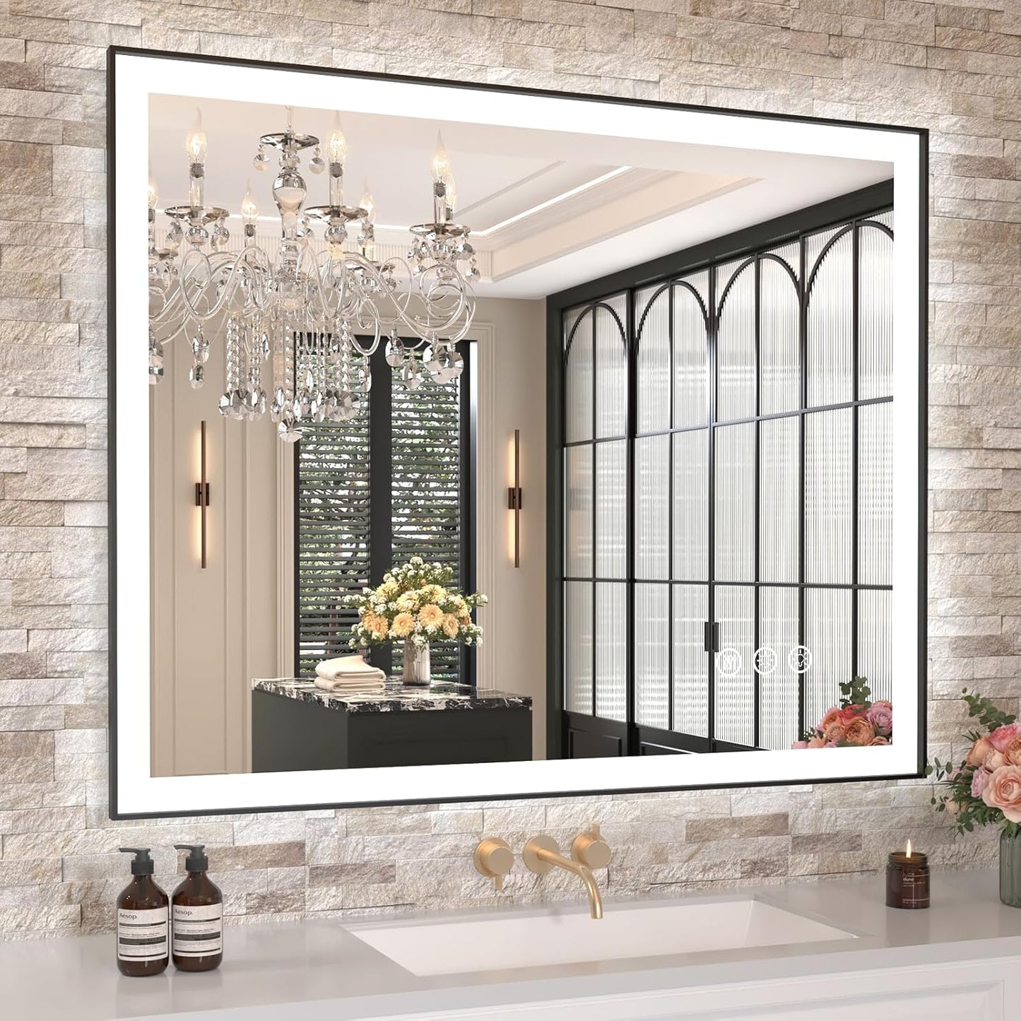 40x32 LED Bathroom Mirror with Black Frame and Anti-Fog Feature