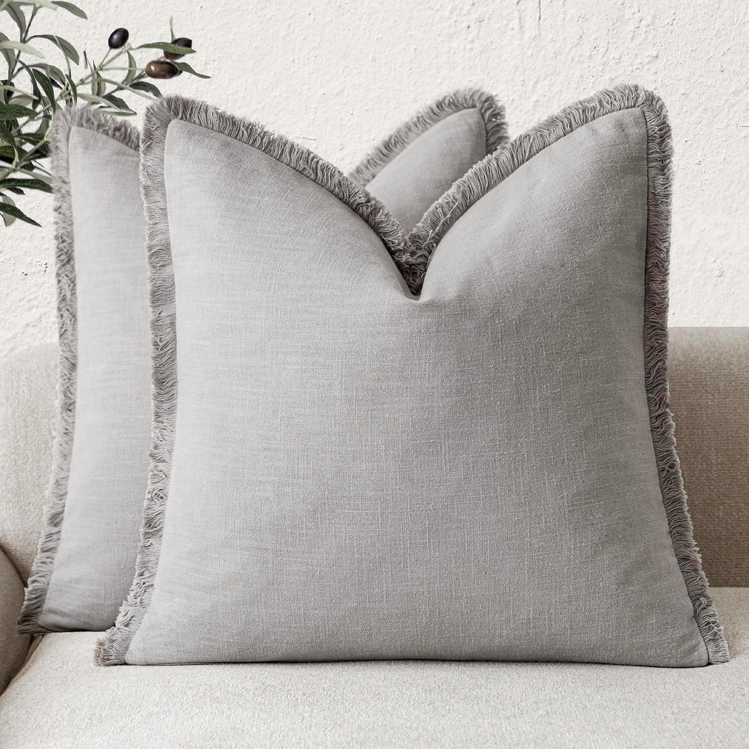 Cozy Boho Decorative Linen Fringe Throw Pillow Covers Set of 2