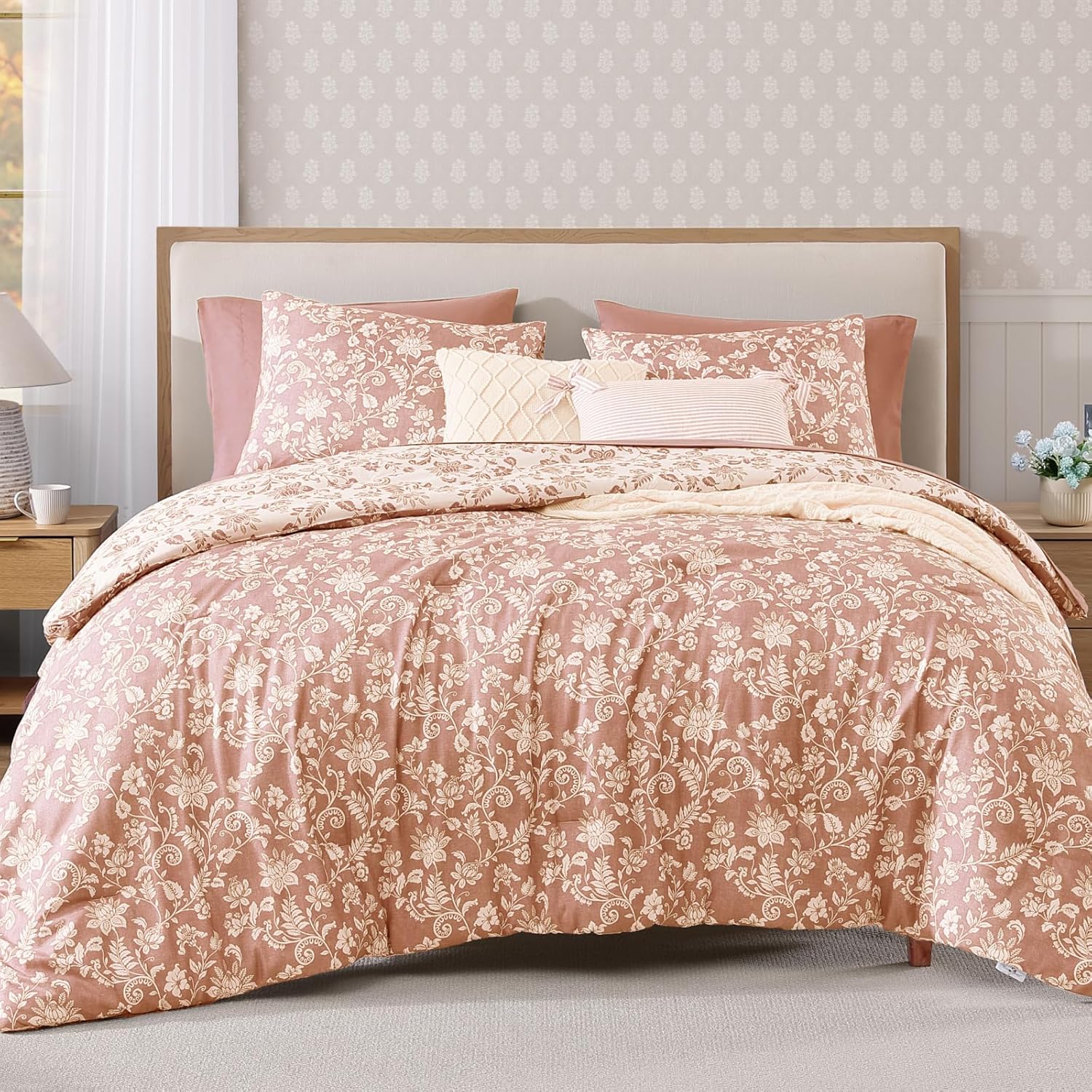 King Comforter Set - 7 Pieces Clay Pink Floral for All Seasons