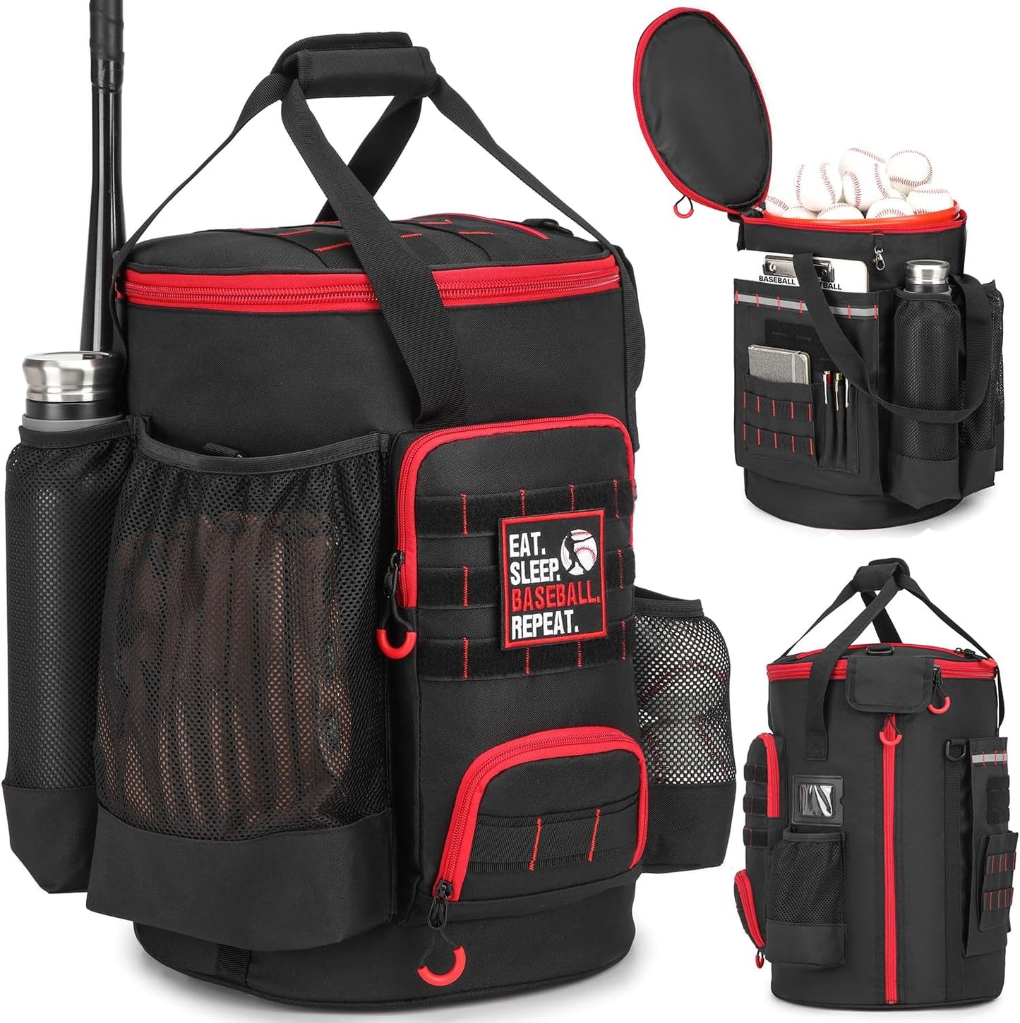 Baseball Bucket Bag with Anti-Slip Bottom & Multiple Pockets