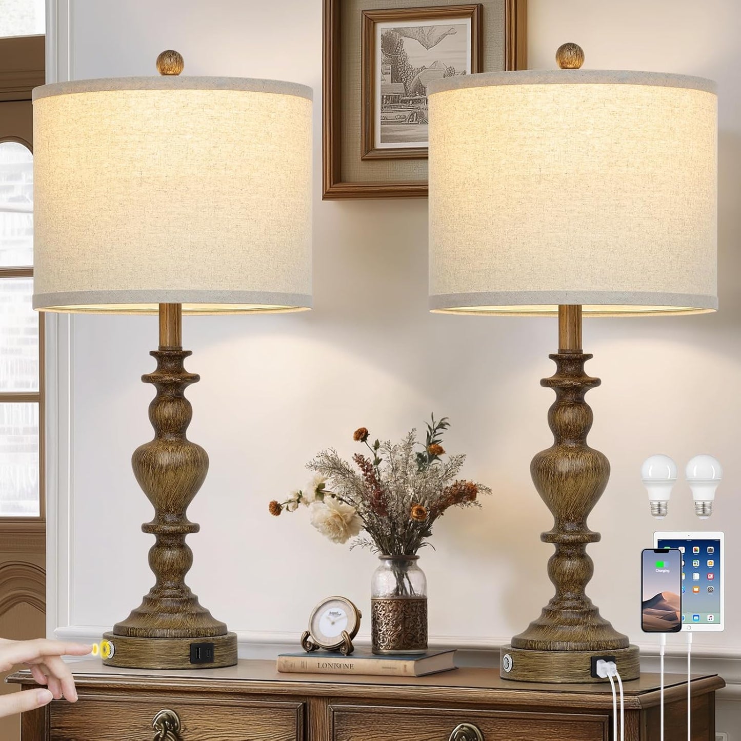 27 Vintage Table Lamps Set of 2 with USB Ports and Dimmable Touch