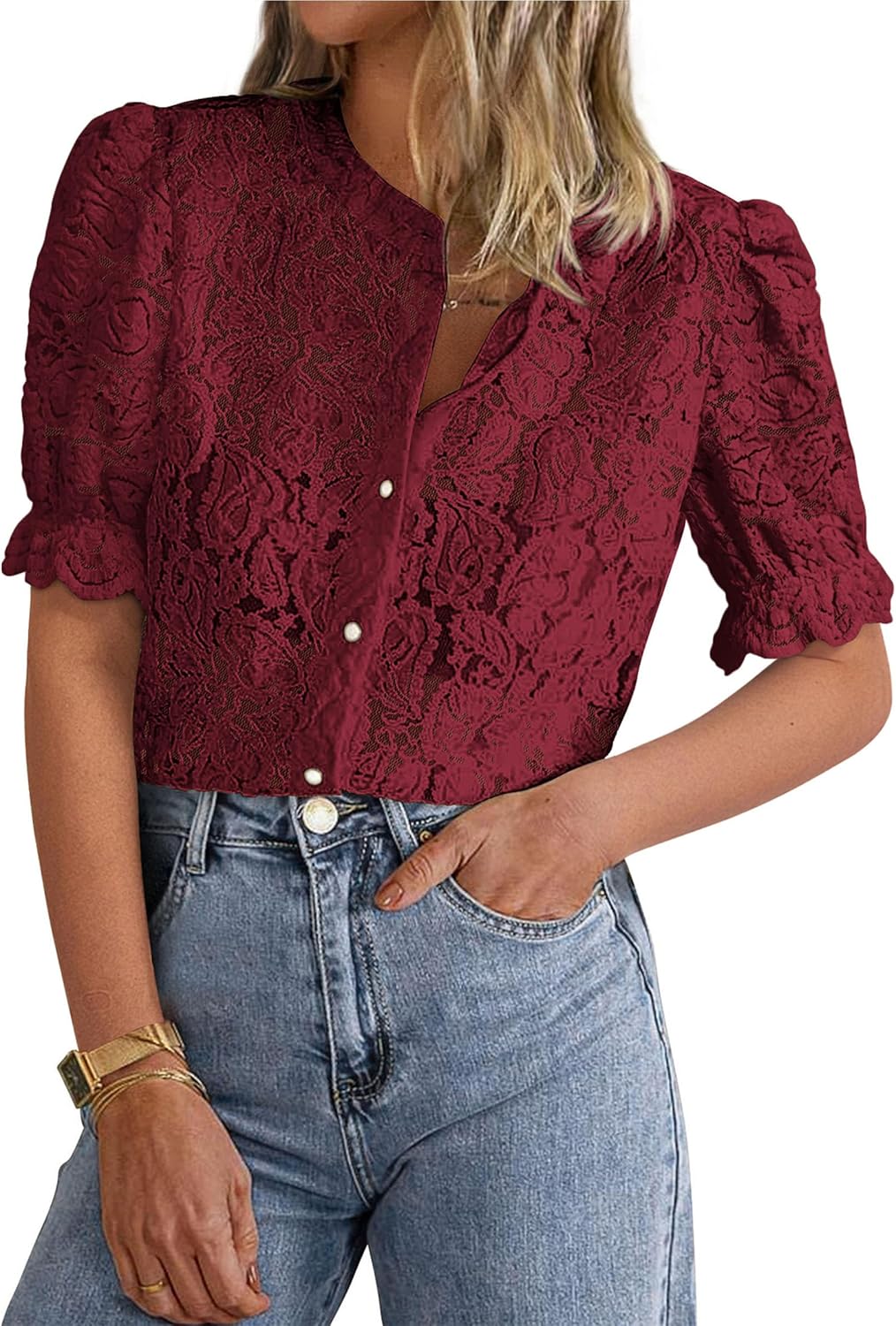 PRETTYGARDEN Womens Lace Tops Short Puff Sleeve Blouses