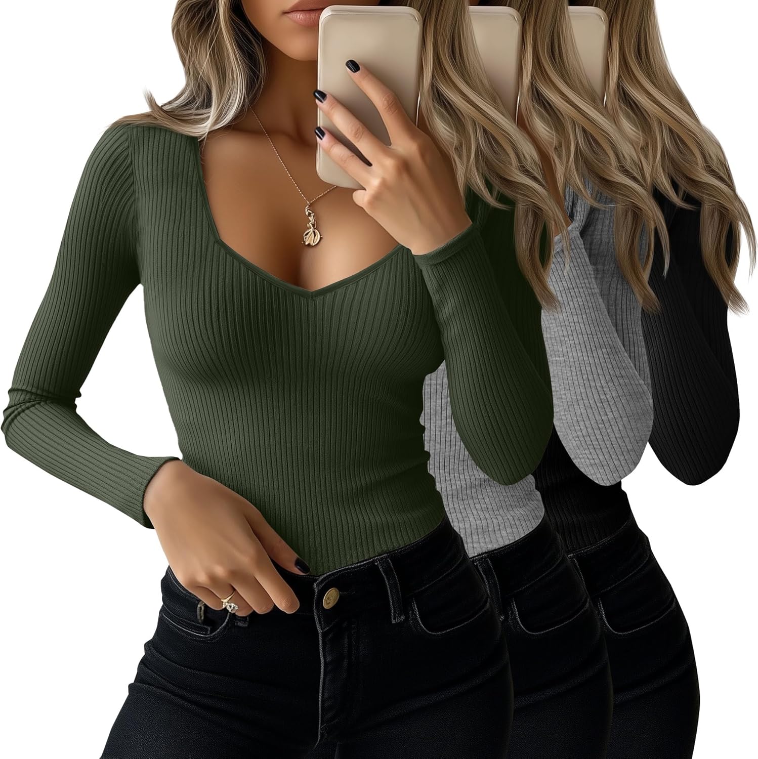 Huukeay 3 Pack Women's Ribbed Long Sleeve Shirts for Fall