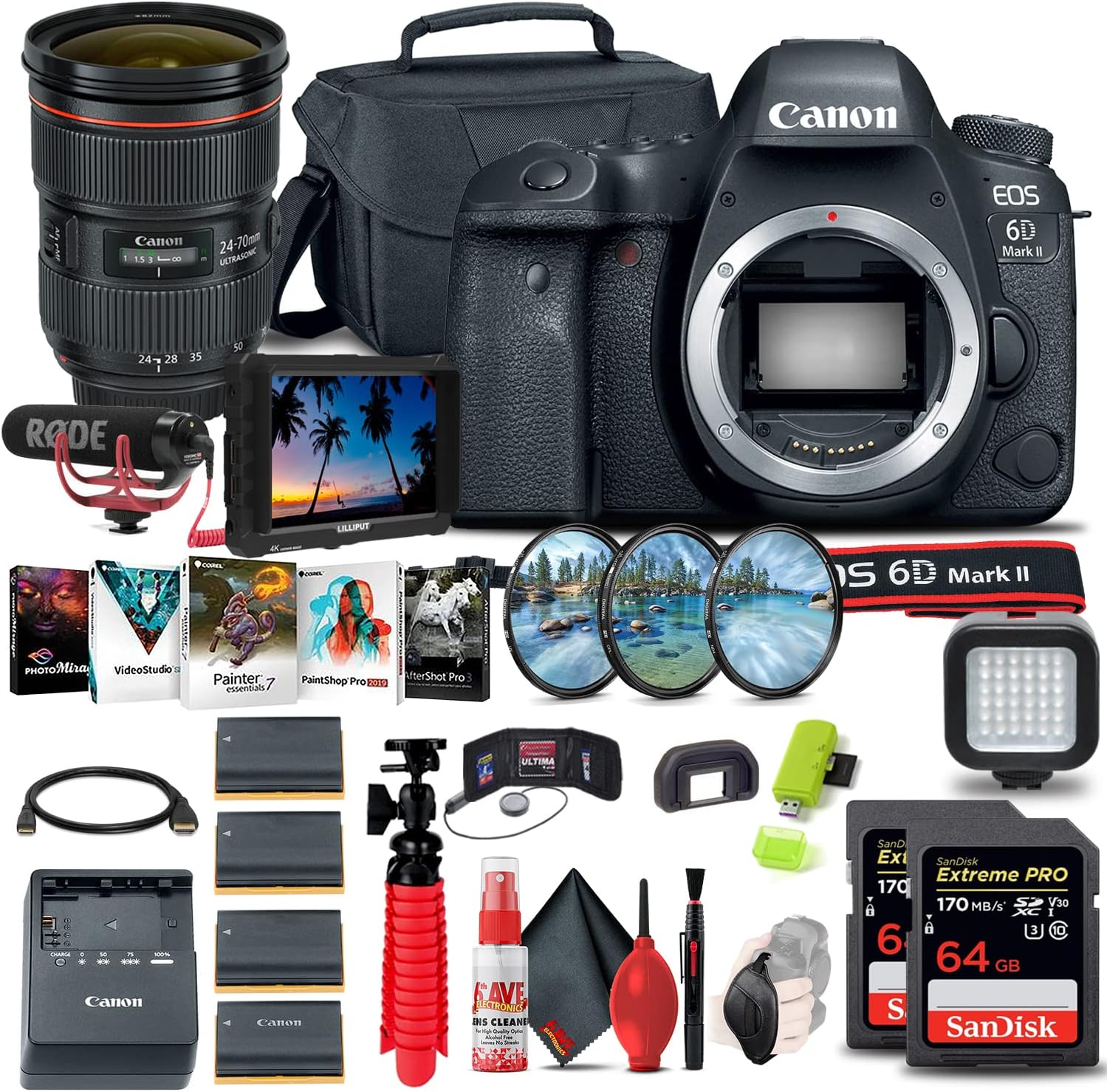 Canon EOS 6D Mark II DSLR Bundle: 4K Monitor, Pro Mic, Lens & More!