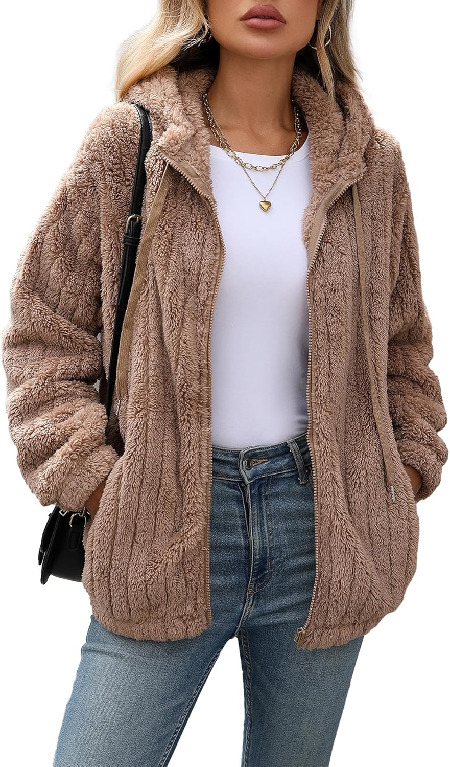 Womens Fleece Jacket Full Zip Sherpa Coat with Hood S-5XL