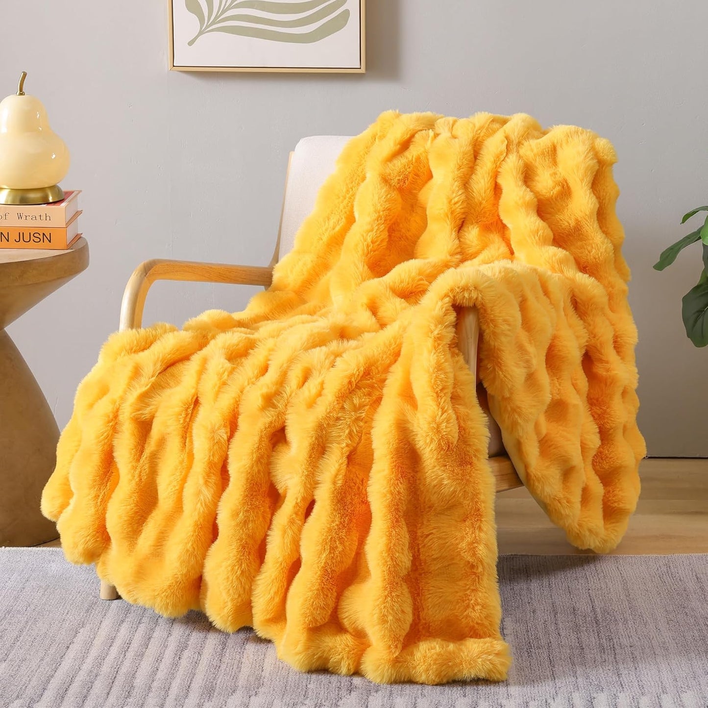 Smoofy Faux Fur Throw Blanket for Couch - Mustard Yellow