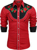 Men's Western Cowboy Shirt Long Sleeve Rose Embroidered Slim Fit