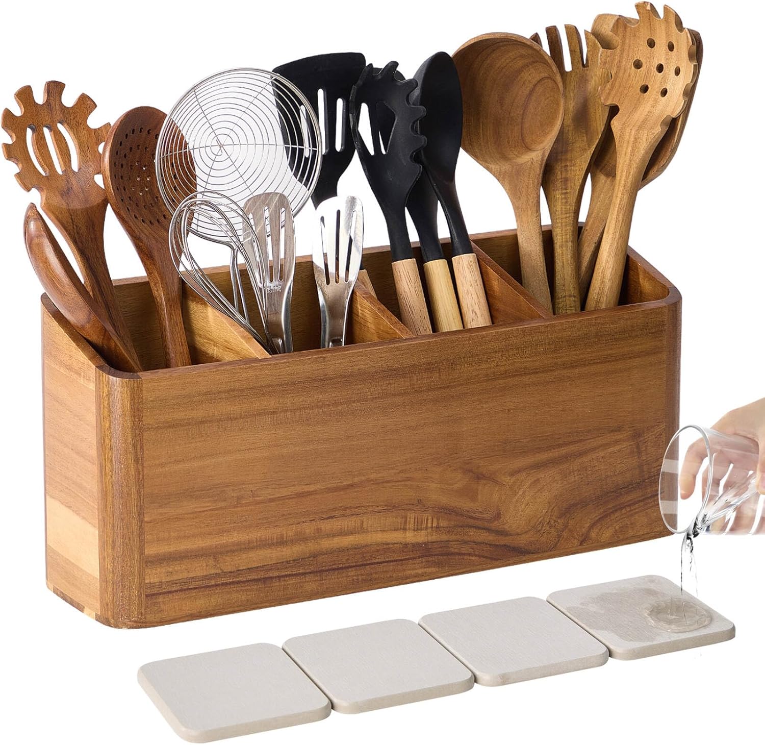 Wooden Utensil Holder for Kitchen Counter - Acacia Wood Caddy